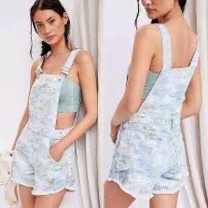 Pilcro By Anthropologie Cut Off Shorts Overalls Blue Watercolor Size 27